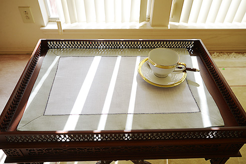 White Hemstitch Placemat 14"x20". Slate Gray color border